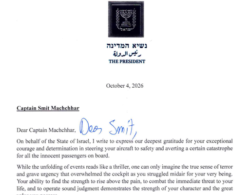 Capitão indiano recebe carta do Presidente de Israel